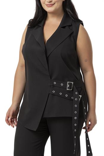 Büyük Beden Kuş Gözü Kemerli Yelek Pantolon Siyah İkili Takım 