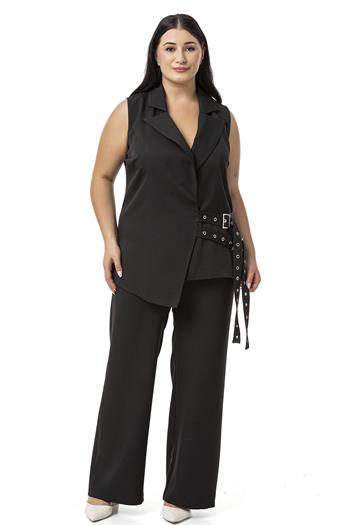 Büyük Beden Kuş Gözü Kemerli Yelek Pantolon Siyah İkili Takım 