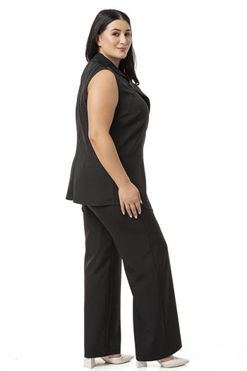Büyük Beden Kuş Gözü Kemerli Yelek Pantolon Siyah İkili Takım 