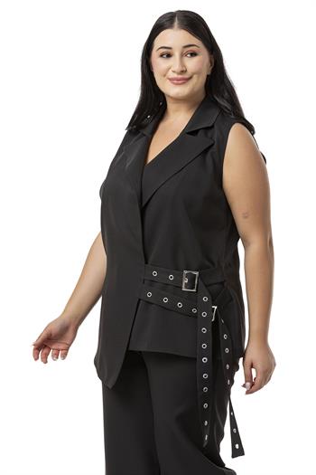 Büyük Beden Kuş Gözü Kemerli Yelek Pantolon Siyah İkili Takım 