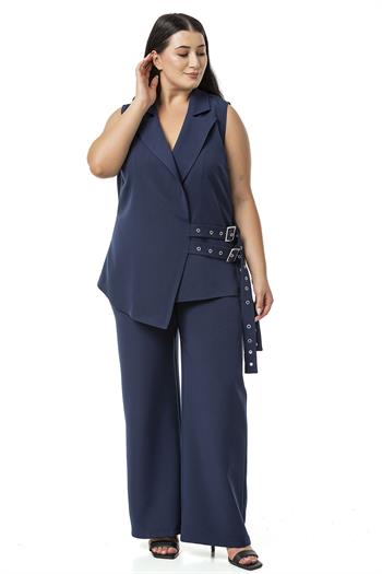 Büyük Beden Kuş Gözü Kemerli Yelek Pantolon Lacivert İkili Takım 