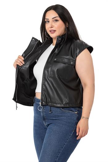 Plus Size Leather Short Black Vest with Gather Detail at the Bottom