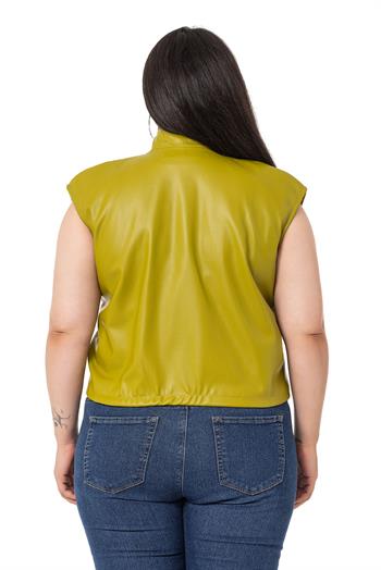 Plus Size Leather Short Pistachio Vest with Gather Detail at the Bottom