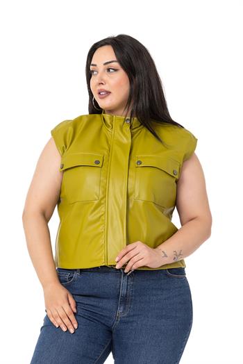 Plus Size Leather Short Pistachio Vest with Gather Detail at the Bottom