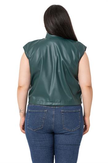 Plus Size Leather Short Khaki Vest with Gather Detail at the Bottom