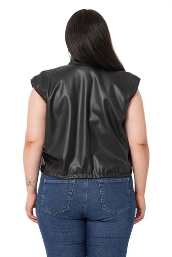 Plus Size Leather Short Black Vest with Gather Detail at the Bottom
