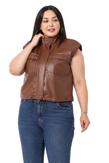 Plus Size Leather Short Brown Vest with Gather Detail at the Bottom