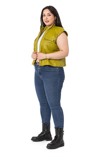 Plus Size Leather Short Pistachio Vest with Gather Detail at the Bottom