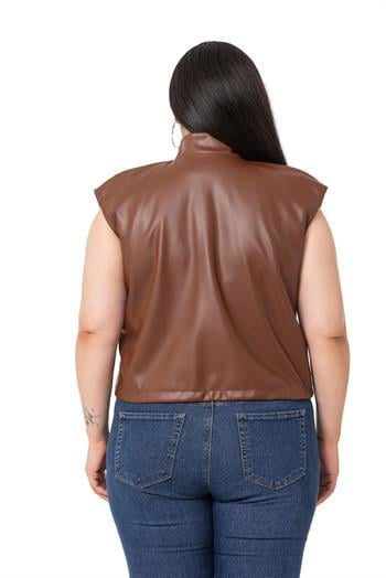 Plus Size Leather Short Brown Vest with Gather Detail at the Bottom