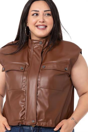 Plus Size Leather Short Brown Vest with Gather Detail at the Bottom