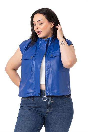 Plus Size Leather Short Sax Blue Vest with Gather Detail at the Bottom