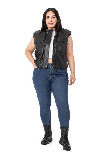 Plus Size Leather Short Black Vest with Gather Detail at the Bottom