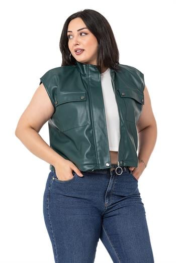 Plus Size Leather Short Khaki Vest with Gather Detail at the Bottom