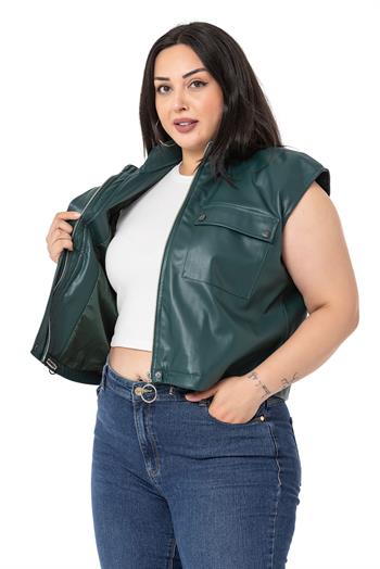 Plus Size Leather Short Khaki Vest with Gather Detail at the Bottom