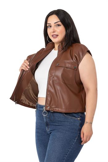 Plus Size Leather Short Brown Vest with Gather Detail at the Bottom