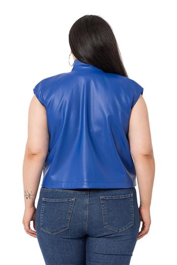 Plus Size Leather Short Sax Blue Vest with Gather Detail at the Bottom