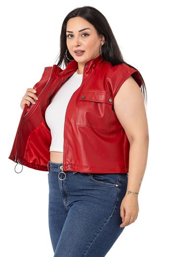 Plus Size Leather Short Red Vest with Gather Detail at the Bottom