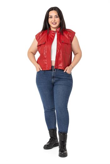 Plus Size Leather Short Red Vest with Gather Detail at the Bottom