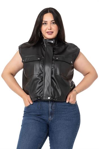 Plus Size Leather Short Black Vest with Gather Detail at the Bottom