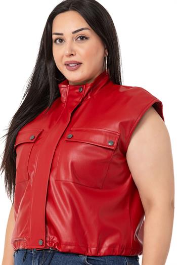 Plus Size Leather Short Red Vest with Gather Detail at the Bottom