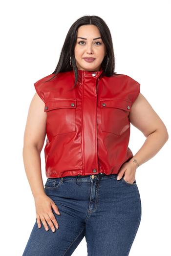 Plus Size Leather Short Red Vest with Gather Detail at the Bottom