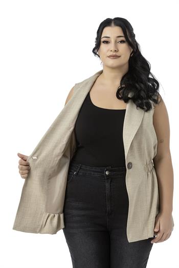 Büyük Beden Beli Lastik Detaylı Eteği Balon Kesim Düğmeli Astarlı Bej Rengi Yelek