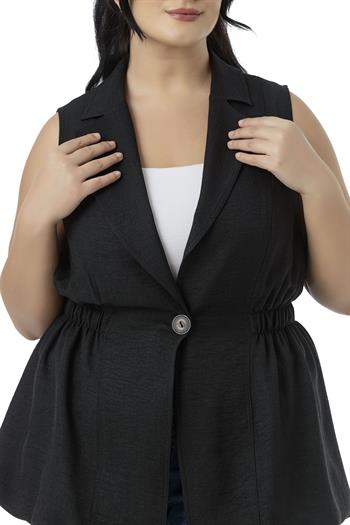 Büyük Beden Beli Lastik Detaylı Eteği Balon Kesim Düğmeli Astarlı Siyah Yelek