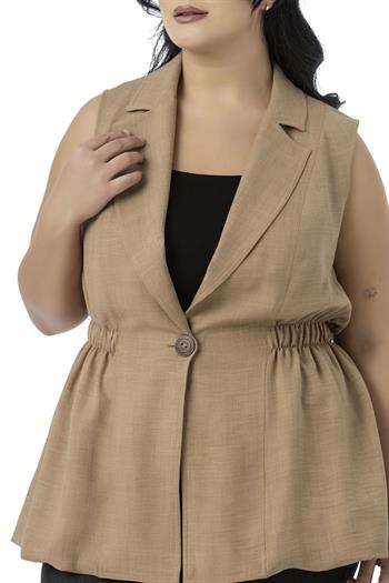 Büyük Beden Beli Lastik Detaylı Eteği Balon Kesim Düğmeli Astarlı Vizon Yelek