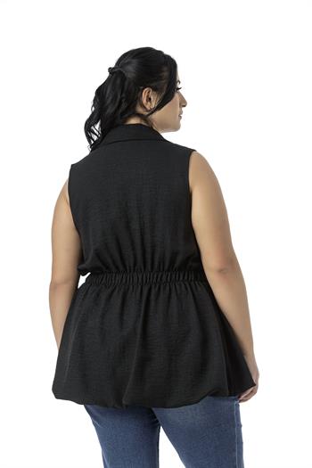 Büyük Beden Beli Lastik Detaylı Eteği Balon Kesim Düğmeli Astarlı Siyah Yelek