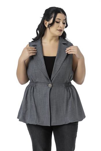 Büyük Beden Beli Lastik Detaylı Eteği Balon Kesim Düğmeli Astarlı Gri Yelek