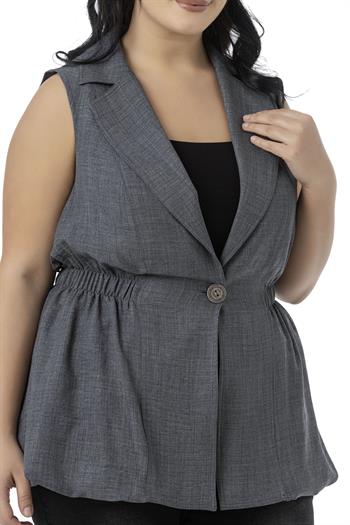 Büyük Beden Beli Lastik Detaylı Eteği Balon Kesim Düğmeli Astarlı Gri Yelek