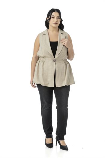 Büyük Beden Beli Lastik Detaylı Eteği Balon Kesim Düğmeli Astarlı Bej Rengi Yelek