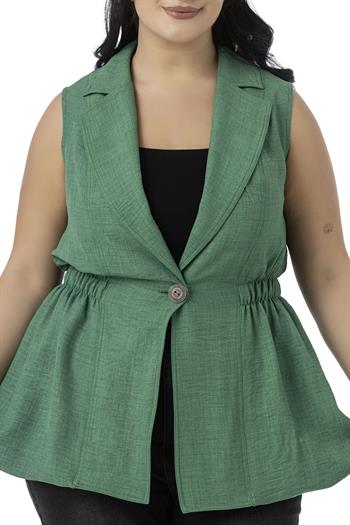 Büyük Beden Beli Lastik Detaylı Eteği Balon Kesim Düğmeli Astarlı Yeşil Yelek