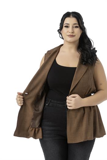 Büyük Beden Beli Lastik Detaylı Eteği Balon Kesim Düğmeli Astarlı Kahverengi Yelek