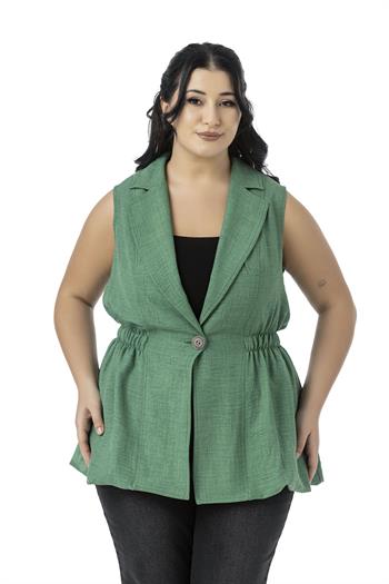 Büyük Beden Beli Lastik Detaylı Eteği Balon Kesim Düğmeli Astarlı Yeşil Yelek