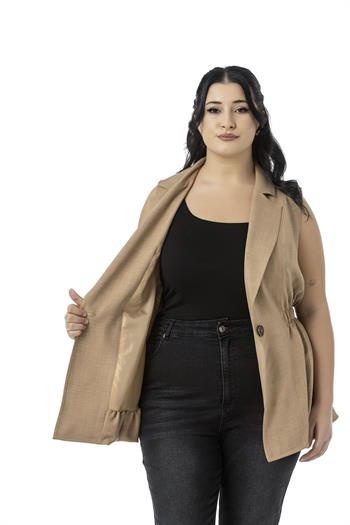 Büyük Beden Beli Lastik Detaylı Eteği Balon Kesim Düğmeli Astarlı Vizon Yelek