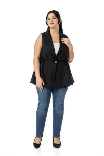 Büyük Beden Beli Lastik Detaylı Eteği Balon Kesim Düğmeli Astarlı Siyah Yelek