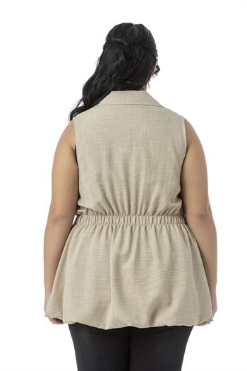 Büyük Beden Beli Lastik Detaylı Eteği Balon Kesim Düğmeli Astarlı Bej Rengi Yelek