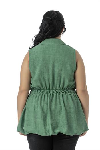Büyük Beden Beli Lastik Detaylı Eteği Balon Kesim Düğmeli Astarlı Yeşil Yelek