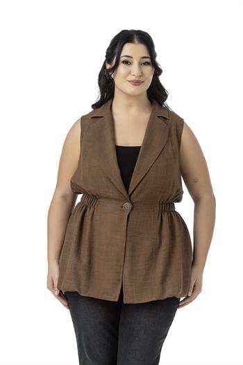 Büyük Beden Beli Lastik Detaylı Eteği Balon Kesim Düğmeli Astarlı Kahverengi Yelek