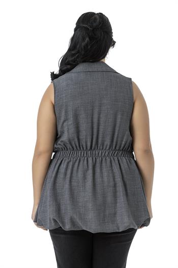 Büyük Beden Beli Lastik Detaylı Eteği Balon Kesim Düğmeli Astarlı Gri Yelek