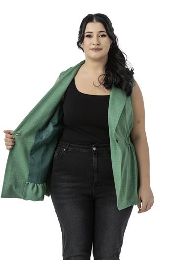 Büyük Beden Beli Lastik Detaylı Eteği Balon Kesim Düğmeli Astarlı Yeşil Yelek