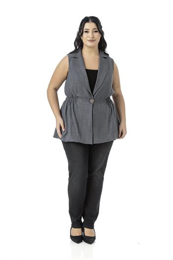 Büyük Beden Beli Lastik Detaylı Eteği Balon Kesim Düğmeli Astarlı Gri Yelek