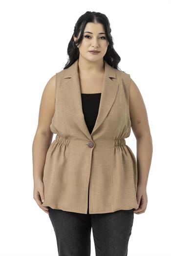 Büyük Beden Beli Lastik Detaylı Eteği Balon Kesim Düğmeli Astarlı Vizon Yelek