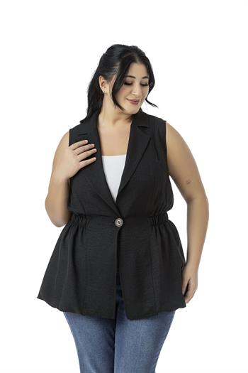 Büyük Beden Beli Lastik Detaylı Eteği Balon Kesim Düğmeli Astarlı Siyah Yelek