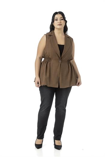 Büyük Beden Beli Lastik Detaylı Eteği Balon Kesim Düğmeli Astarlı Kahverengi Yelek