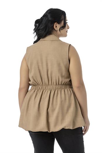 Büyük Beden Beli Lastik Detaylı Eteği Balon Kesim Düğmeli Astarlı Vizon Yelek