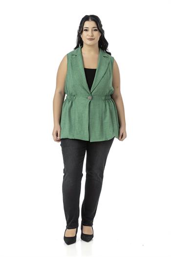 Büyük Beden Beli Lastik Detaylı Eteği Balon Kesim Düğmeli Astarlı Yeşil Yelek