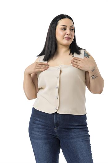 Büyük Beden Düğme Detaylı Bej Rengi Bluzan Yelek