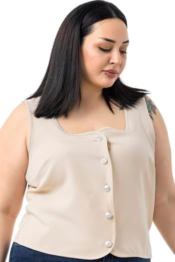 Büyük Beden Düğme Detaylı Bej Rengi Bluzan Yelek